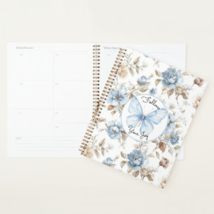 Agenda Flores Azules Románticas Mariposa Hojas Marrones