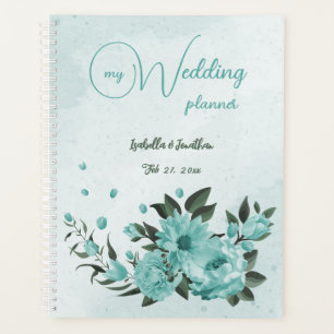 Agenda flores azules románticas y hojas verdes boda