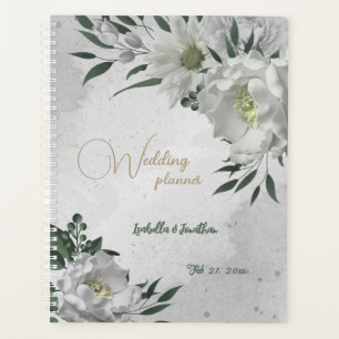 Agenda flores blancas románticas y hojas verdes boda