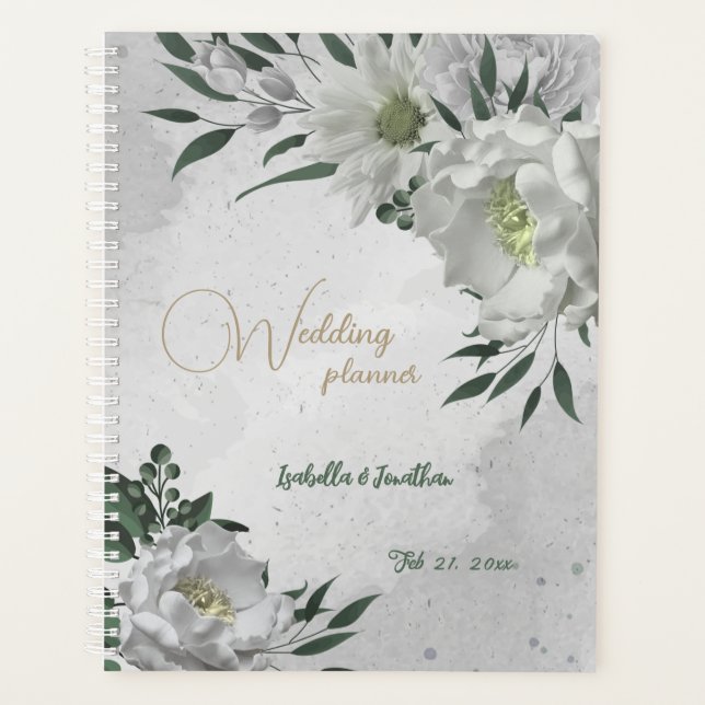 Agenda flores blancas románticas y hojas verdes boda (Anverso)
