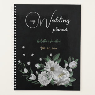 Agenda flores blancas románticas y hojas verdes negras