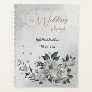 Agenda flores blancas románticas y hojas verdes para boda