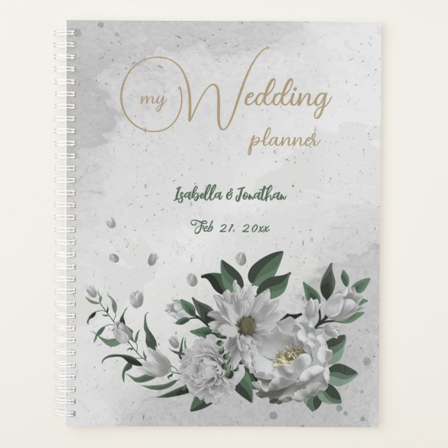 Agenda flores blancas románticas y hojas verdes para boda (Anverso)