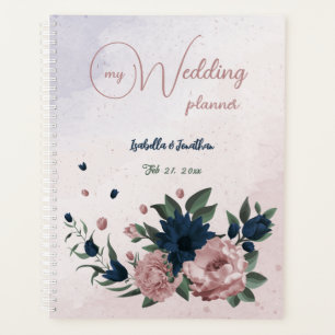 Agenda flores botánicas de boda rosa y azul marino