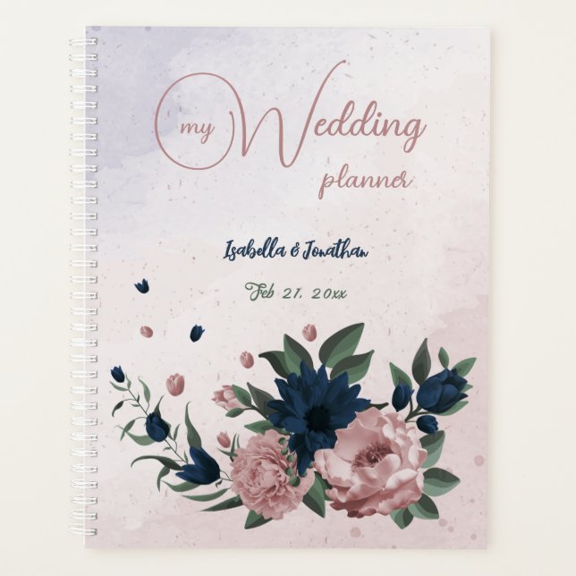 Agenda flores botánicas de boda rosa y azul marino (Anverso)