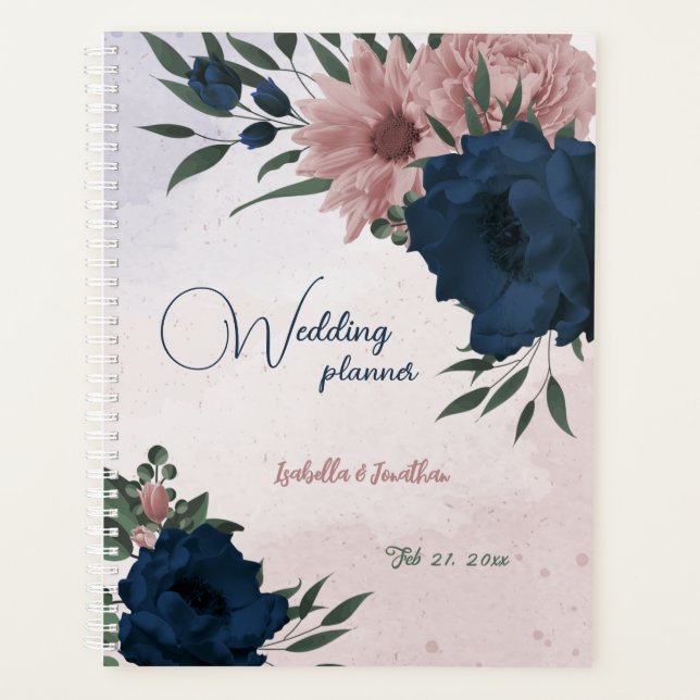 Agenda flores botánicas de boda rosa y azul marino (Anverso)