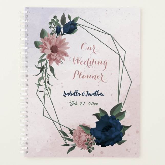 Agenda flores botánicas de boda rosa y azul marino (Anverso)