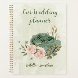 Agenda flores de boda de color verde salvia y rubor
