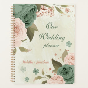 Agenda flores de boda de color verde salvia y rubor