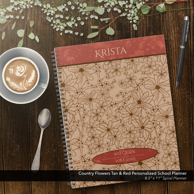 Agenda Flores de campo Tan y Escuela Personalizada Roja (Country Flowers Brown and Red Personalized School Planner: Customize the Name, Grade, and Year.)