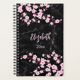 Agenda Flores de cerezo Personalizado de mármol negro ros