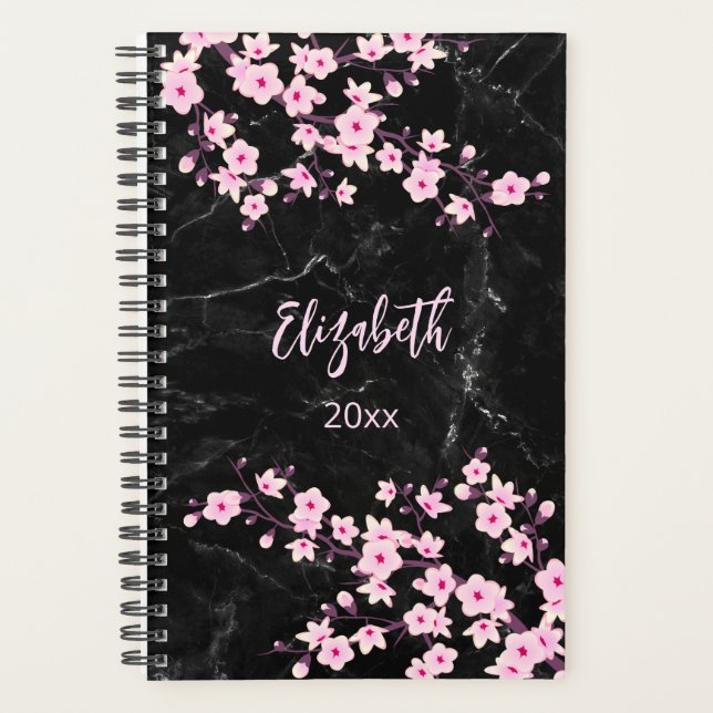 Agenda Flores de cerezo Personalizado de mármol negro ros (Anverso)
