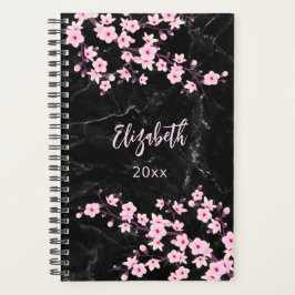 Agenda Flores de Cerezo Rosadas Mármol Negro Personalizad