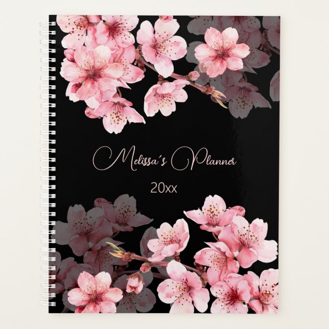 Agenda Flores de Cerezo Rosadas Negras Personalizadas (Anverso)