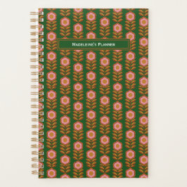 Agenda Flores de época, rosa sobre retro verde monogramad