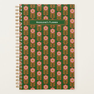 Agenda Flores de época, rosa sobre retro verde monogramad