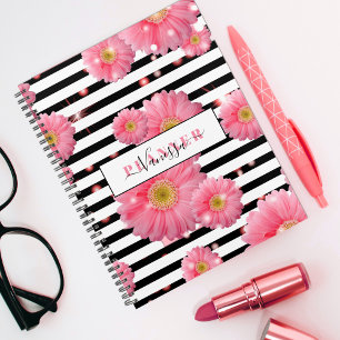 Agenda Flores De Gerbera Rosa En Rayas Negra Y Blanca