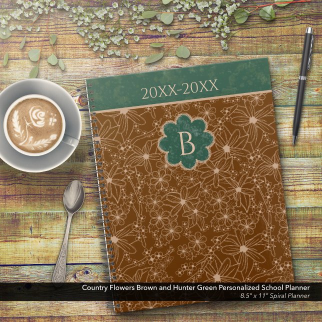 Agenda Flores de país Rústico Verde Marrón Personalizado (Country Flowers Brown and Green Personalized School Planner: Customize the Date and Monogram)