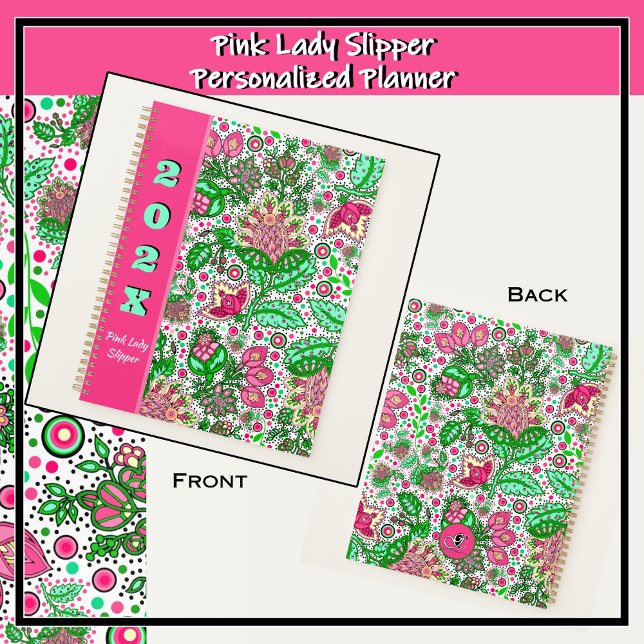 Agenda Flores de pimienta rosada en blanco personalizado (Bold pink and green modern folk art design featuring delicate pink lady slipper flowers.)