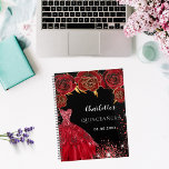Agenda Flores de vestido rojo negro Quinceanera 2025<br><div class="desc">Un elegante fondo negro decorado con flores rojas,  chispas y un vestido rojo. Personaliza y agrega nombre,  edad y fecha.</div>