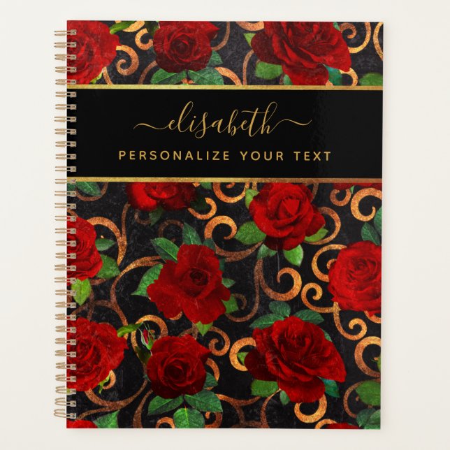 Agenda Flores doradas de lujo Moda elegante negro (Anverso)