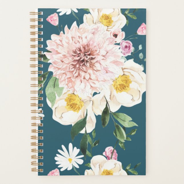 Agenda Flores florales planner de espiral verde rubio (Anverso)
