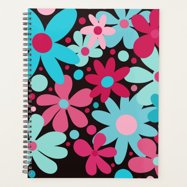 Agenda Flores modernas, divertidas, azules y rosas. (Anverso)