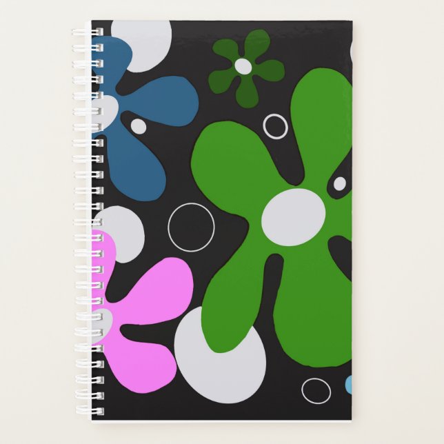 Agenda Flores modernas, funky azul, verde y rosa. (Anverso)