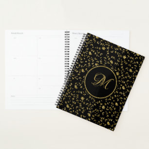 Agenda Flores negras de Purpurina de oro negro moderno