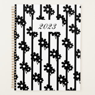 Agenda Flores Negras Modernas Con Rayas Negras Y Blancas
