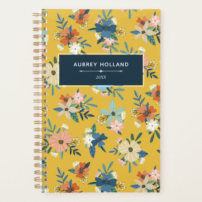 Agenda Flores retro Patrón floral azul amarillo Rubor (Anverso)