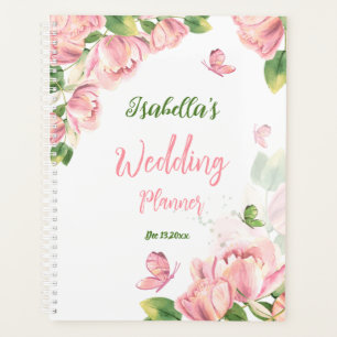 Agenda flores rosa caliente hojas verdes mariposas boda