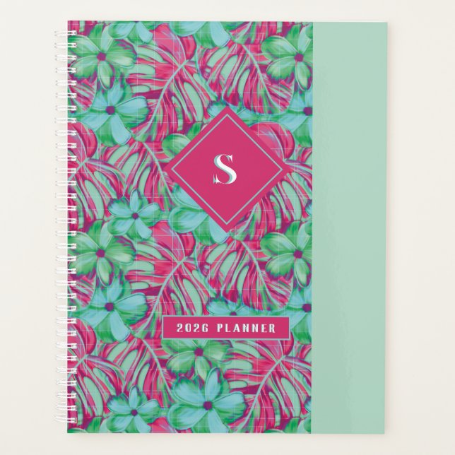 Agenda Flores rosa y verde claro retro (Anverso)