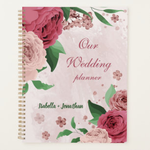 Agenda flores rosadas hojas verdes boda