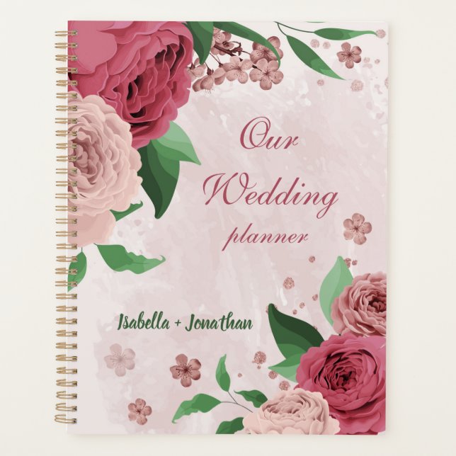 Agenda flores rosadas hojas verdes boda (Anverso)