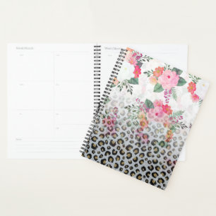 Agenda Flores rosadas impresas de Leopardo negro dorado p