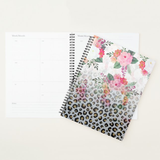 Agenda Flores rosadas impresas de Leopardo negro dorado p (Demostración)