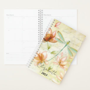 Agenda Flores rosadas y libélula personalizadas, año