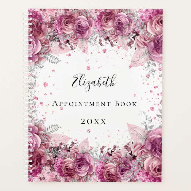 Agenda Flores rosas nombre blanco elegante (Anverso)