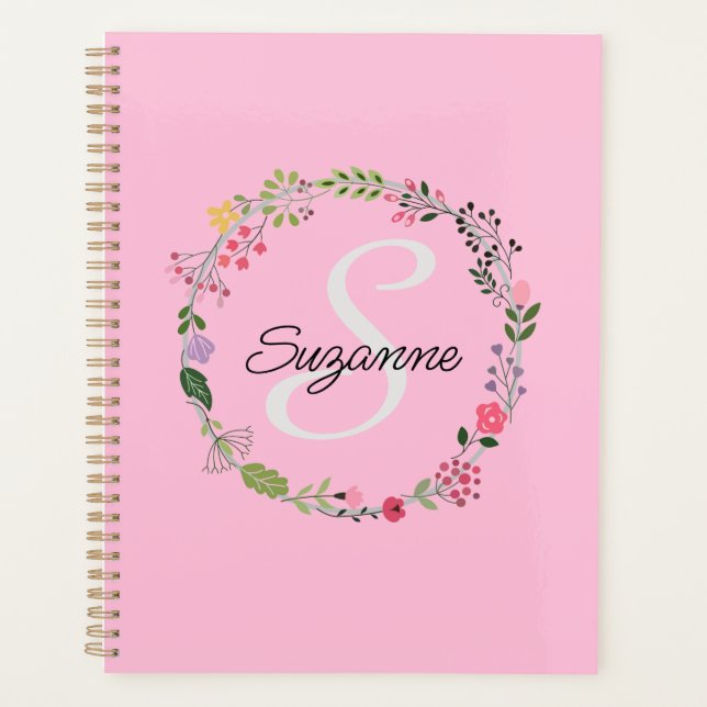 Agenda Flores salvajes rosas monogramadas personalizadas (Anverso)