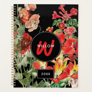 Agenda Flores silvestres de color negro Monograma rojo