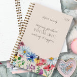 Agenda Flores silvestres y afirmaciones positivas persona<br><div class="desc">Bonito Wildflowers planner, sin fecha y listo para personalizar con tu nombre y el año. La afirmación positiva dice "permanecer positivos, trabajar inteligentes, hacerlo realidad". Frontera acuarela de moda de flores silvestres incluyendo amapola, margarita, deslumbrante, trébol y flor de maíz. Diseño de huerto de cabañas para mujeres y niñas -...</div>