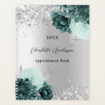 Agenda Flores verdes plateadas elegante glamuroso 2026<br><div class="desc">Fondo de aspecto falso plateado decorado con flores verdes, flores y purpurinas falsos de plata, chispas. Personalización y un año, nombre y título/texto</div>