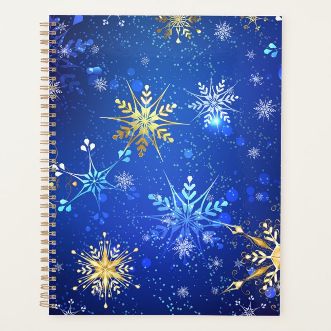 Agenda Fondo azul XMAS con copos de nieve dorados (Anverso)