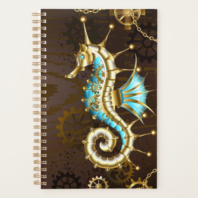 Agenda Fondo de madera con caballito de mar mecánico (Anverso)