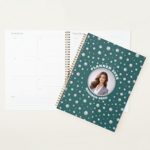 Agenda Foto personalizada con círculo de perlas sobre azu