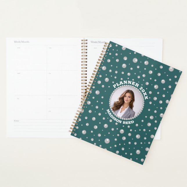 Agenda Foto personalizada con círculo de perlas sobre azu (Demostración)