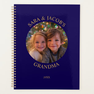Agenda Foto redonda azul oscuro y dorada para abuela