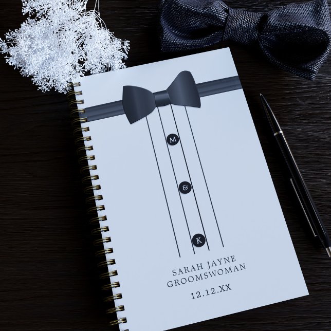 Agenda Funny Bow Tie Black and White Groomswoman Planner (Add your Groomswoman's name and your initials/wedding date to this funny bow tie planner)
