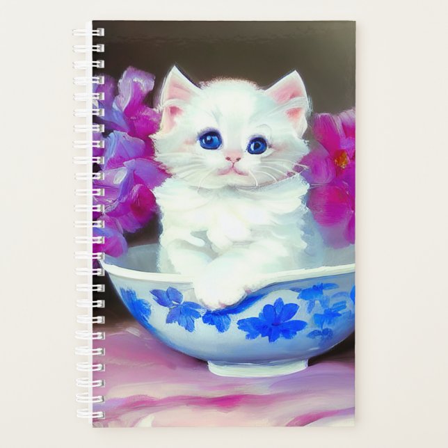 Agenda Gatito blanco vintage con flores rosas (Anverso)